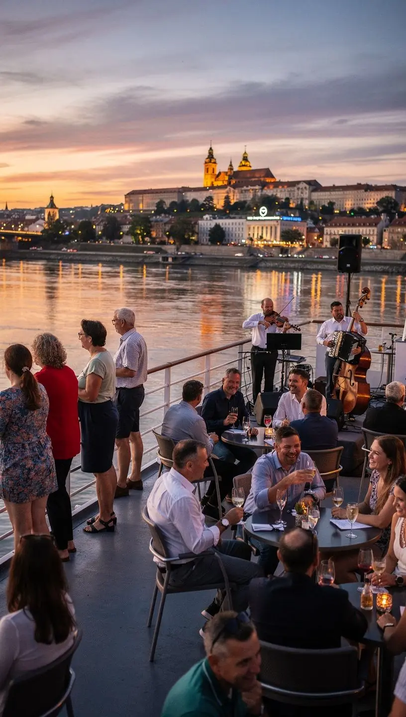 Explorers enjoying a river cruise along the Danube, experiencing scenic views.