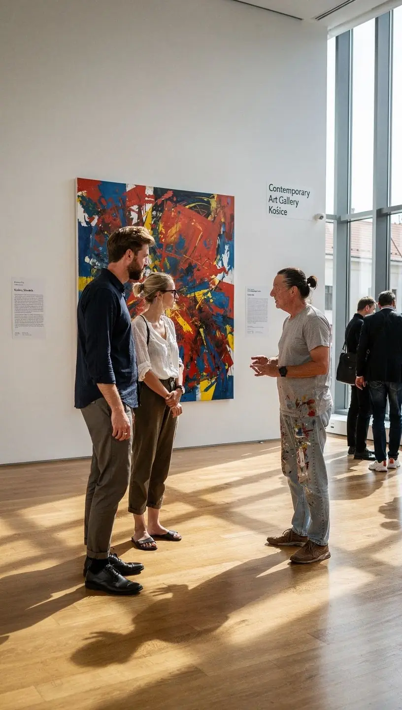 A group of friends enjoying a cultural festival in a Slovak town square.
